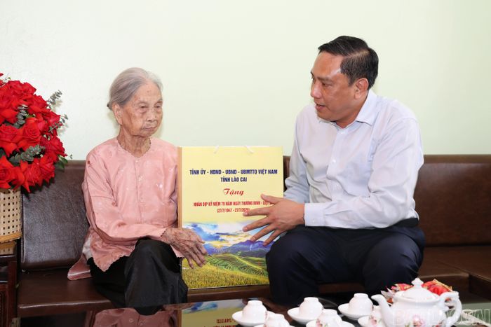 Đồng chí Phó Bí thư Thường trực Tỉnh ủy Hoàng Giang ân cần thăm hỏi sức khỏe Mẹ Việt Nam Anh hùng Nguyễn Thị Hòa.