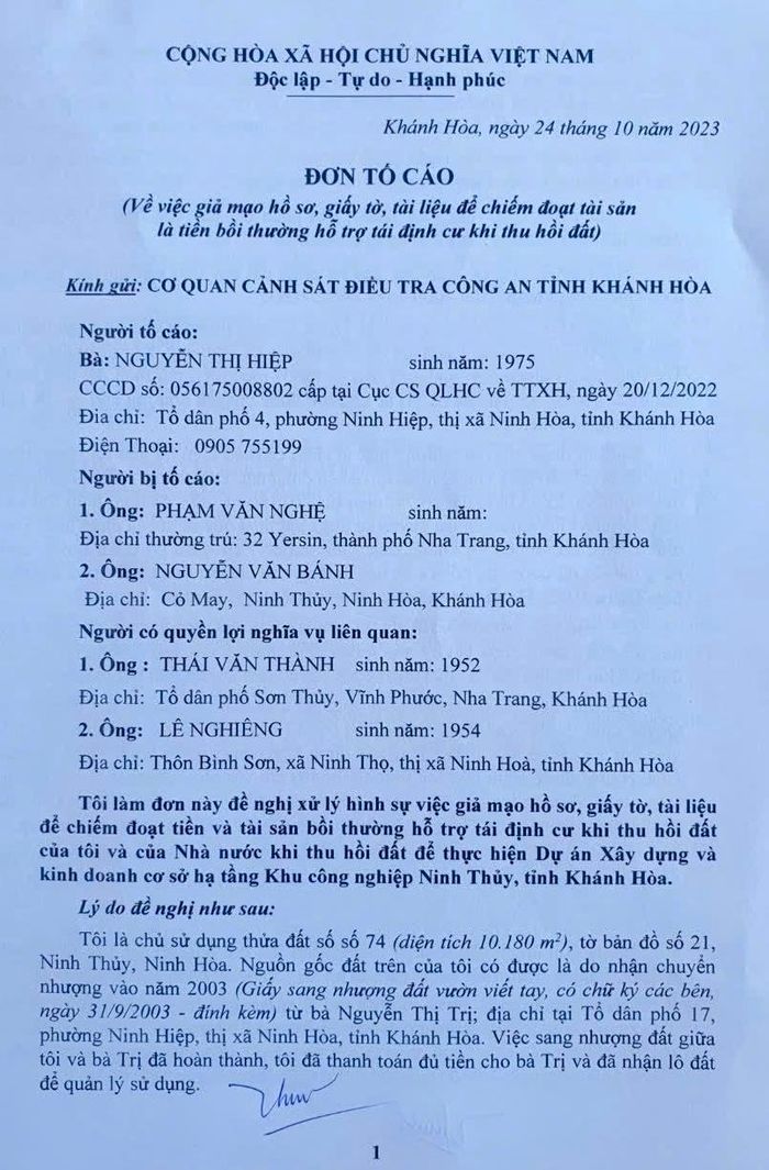 Đơn tố cáo gửi Cơ quan Cảnh sát điều tra - Công an tỉnh Khánh Hòa của bà Nguyễn Thị Hiệp.