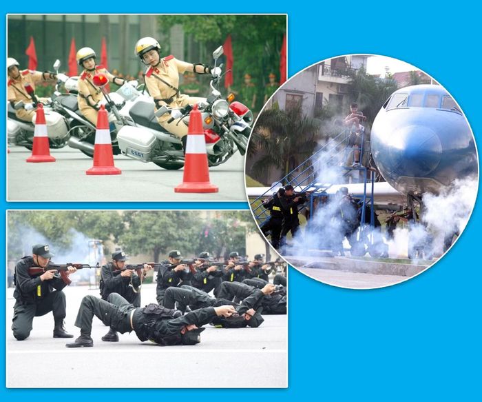 Sinh viên Học viện Cảnh sát nhân dân thực hành các môn học nghiệp vụ: chống khủng bố, bắn súng và điều kiển môtô phân khối lớn.