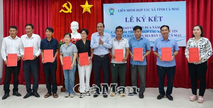 Ông Nguyễn Văn Vũ, Chủ tịch Liên minh HTX tỉnh, trao quyết định thành lập các khối thi đua.