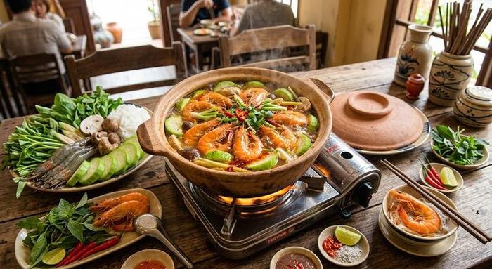 Món lẩu tôm bầu ít dầu mỡ, kích thích vị giác và kết hợp hài hòa giữa nguồn đạm chất lượng cao từ tôm và các loại rau củ giàu vitamin.