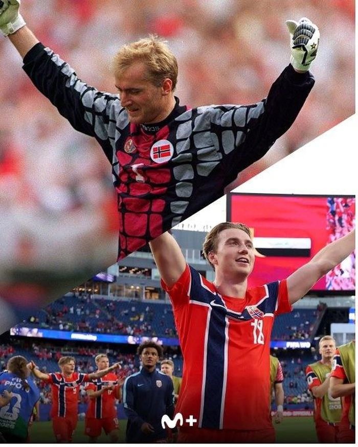  Erik Thorstvedt từng là thủ môn của đội tuyển Na Uy tại World Cup 1994. Con trai ông, Kristian, đang nối gót cha mình tại giải đấu năm nay. Ảnh: @MPlusDeportes. 