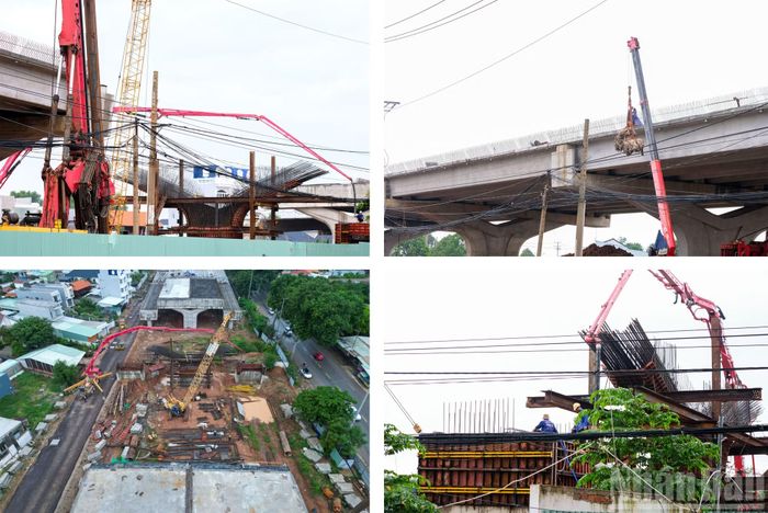 Tại khu vực nút giao Vũng Vằn, các đơn vị thi công đang đồng loạt đúc trụ, lắp dầm cầu cạn. Sau hơn một năm triển khai, hệ thống trụ cầu, dầm cầu và mặt cầu rộng gần 25m đã dần thành hình.