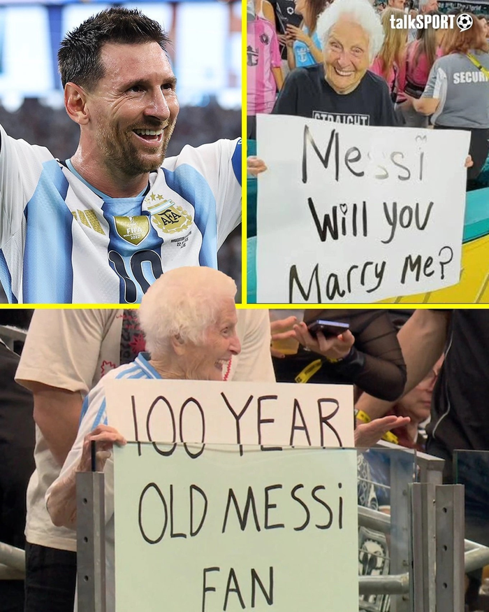 Bà Pauline Kana, người Mỹ, 100 tuổi, gây bão với những thông điệp cổ vũ Messi trên khán đài. Ảnh: Talksport