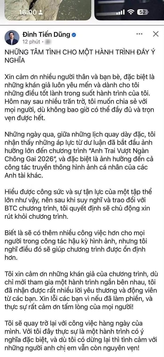 Tâm thư của Đinh Tiến Dũng sau quyết định rút khỏi Anh trai vượt ngàn chông gai.