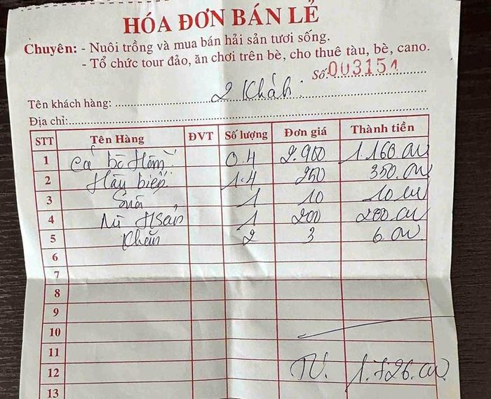Trong biên lai thanh toán, cá bò hòm được tính với đơn giá 2,9 triệu đồng/kg.