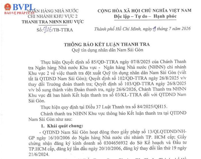 Thông báo Kết luận thanh tra đối với Quỹ tín dụng nhân dân Nam Sài Gòn. (Ảnh:MP)