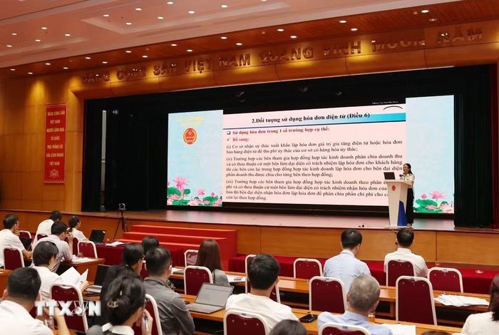 Cục Thuế tổ chức hội nghị trực tuyến hướng dẫn nghị định, thông tư mới, cập nhật quy định về hóa đơn điện tử, đăng ký thuế và quản lý thuế. (Ảnh: Phạm Hậu/Vietnam+)