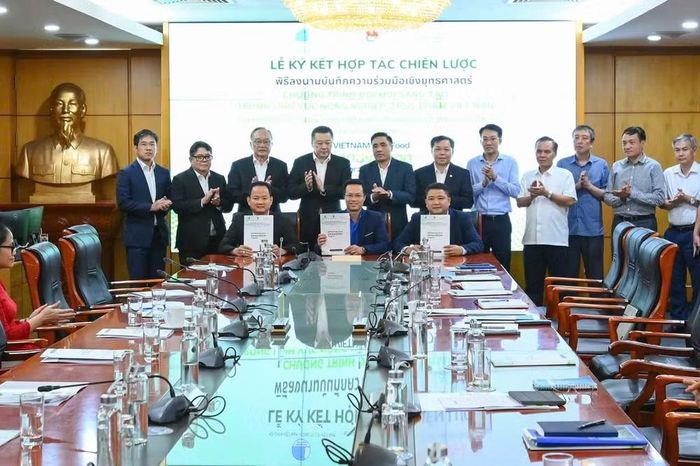 Lễ ký kết Biên bản ghi nhớ hợp tác triển khai chương trình giữa Đoàn Thanh niên Bộ Nông nghiệp và Môi trường, Hội Liên hiệp Thanh niên Công ty Cổ phần Chăn nuôi C.P. Việt Nam và Mạng lưới Ngân hàng Thực phẩm Việt Nam. (Ảnh: PV/Vietnam+)
