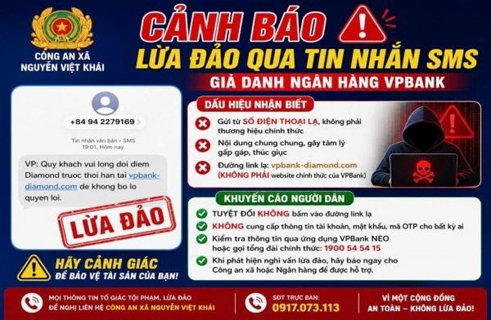 Công an xã Nguyễn Việt Khái cảnh báo hành vi lừa đảo qua tin nhắn SMS. Ảnh: Công an tỉnh Cà Mau.