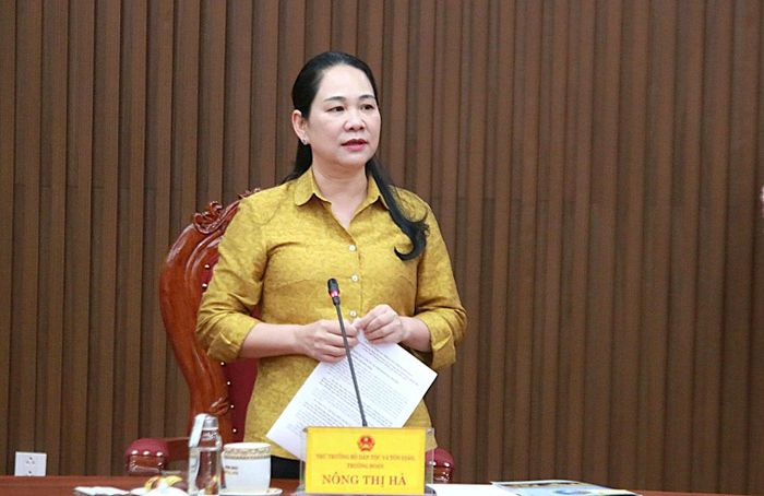 Thứ trưởng Bộ Dân tộc và Tôn giáo Nông Thị Phát phát biểu tại buổi làm việc với tỉnh Quảng Ngãi.