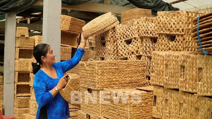 Sản phẩm thủ công mỹ nghệ làm từ lục bình ở An Giang xuất khẩu nhiều quốc gia như Hàn Quốc, Thái Lan, Malaysia góp phần tạo việc làm, thu nhập ổn định cho hội viên phụ nữ. Ảnh: Văn Sĩ-TTXVN