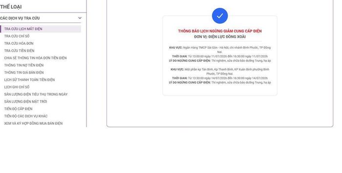 Lịch ngừng cấp điện tại Đồng Nai ngày mai 11/7 được cập nhật 12h00 ngày 10/7 tại website của EVNSPC. Ảnh: BNEWS phát