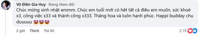 Võ Điền Gia Huy để lại lời chúc mừng dưới bài đăng của Tam Triều Dâng.