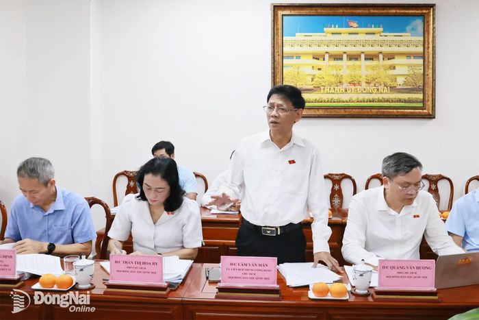Ủy viên Trung ương Đảng, Chủ tịch Hội đồng Dân tộc của Quốc hội Lâm Văn Mẫn phát biểu tại buổi làm việc. Ảnh: Công Nghĩa