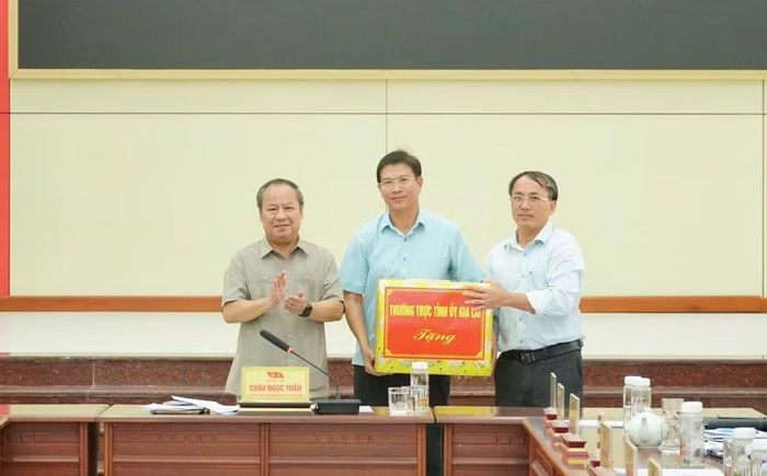 Phó Bí thư Tỉnh ủy, Trưởng đoàn đại biểu Quốc hội tỉnh tặng quà của Thường trực Tỉnh ủy cho Đảng ủy xã Phú Túc. Ảnh: P.D 
