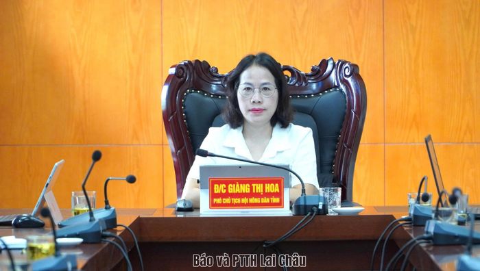Đồng chí Giàng Thị Hoa - Phó Chủ tịch Hội Nông dân tỉnh chủ trì hội nghị tại điểm cầu tỉnh.