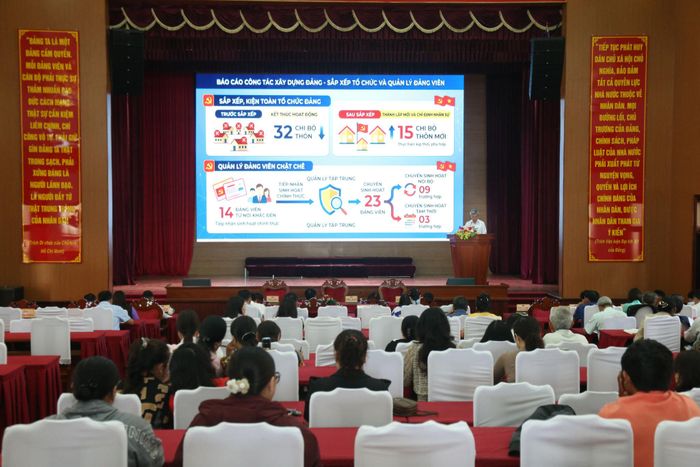 Đại biểu theo dõi báo cáo về công tác xây dựng Đảng, sắp xếp tổ chức và quản lý đảng viên tại hội nghị