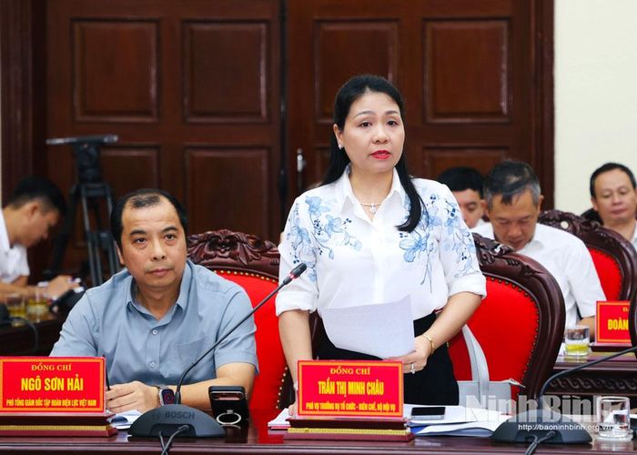 Đồng chí Trần Thị Minh Châu, Phó Vụ trưởng Vụ Tổ chức - Biên chế, Bộ Nội vụ phát biểu tại buổi làm việc.
