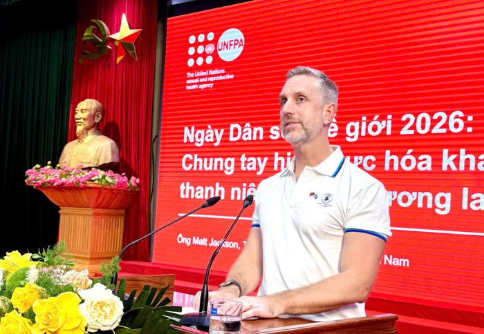 Ông Matt Jackson, Trưởng đại diện văn phòng UNFPA tại Việt Nam phát biểu tại buổi lễ. Ảnh: Hải Yến