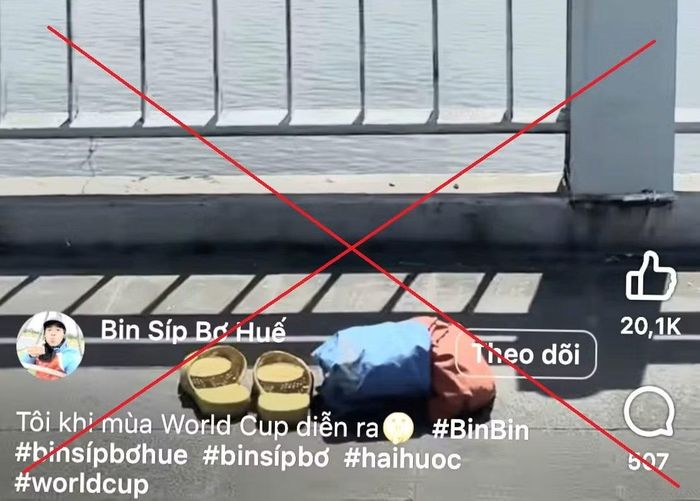 Tài khoản Facebook “Bin Síp Bơ Huế” đăng video vi phạm, khi cổ xúy nhảy cầu tự tử sau khi thua cá độ bóng đá.