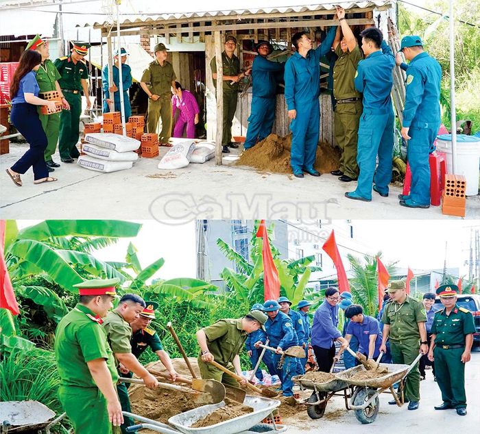  Cán bộ, chiến sĩ, dân quân tự vệ cùng các tổ chức đoàn thể địa phương hỗ trợ vận chuyển vật tư xây nhà.