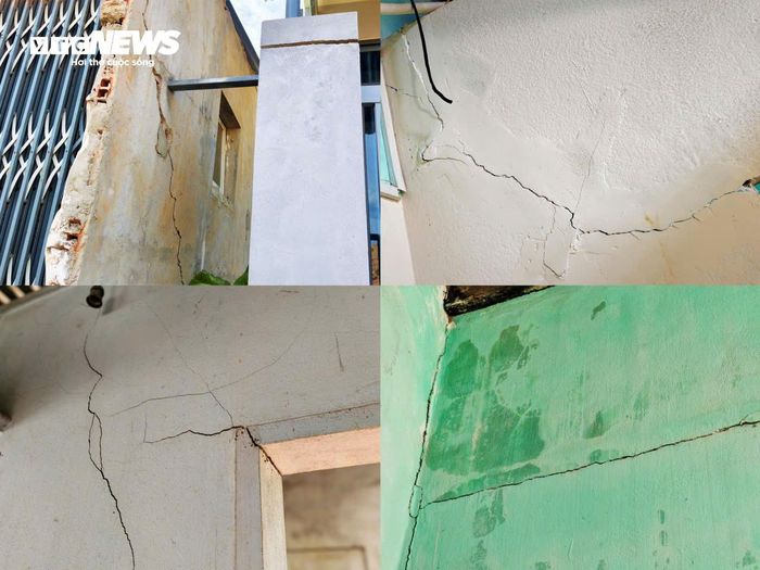 PV ghi nhận tại tổ 7 và 8 (Khu vực 8, phường Quy Nhơn Bắc), hơn 20 ngôi nhà trong tình trạng hư hỏng với các vết nứt kéo dài từ nền lên tường, trần nhà bị bong tróc và nhiều cột, dầm bê tông bị tách rời khỏi kết cấu ban đầu.
