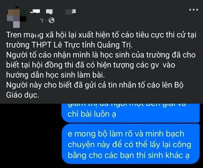 Thông tin lan truyền trên mạng xã hội phản ánh nghi vấn tiêu cực tại điểm thi trường THPT Lê Trực. (Ảnh chụp màn hình)