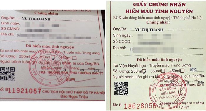 Lần hiến máu đầu tiên 1-9-2021 và lần hiến tiểu cầu mới nhất của bà Thanh 27-6-2026. Ảnh: Tuấn Điệp