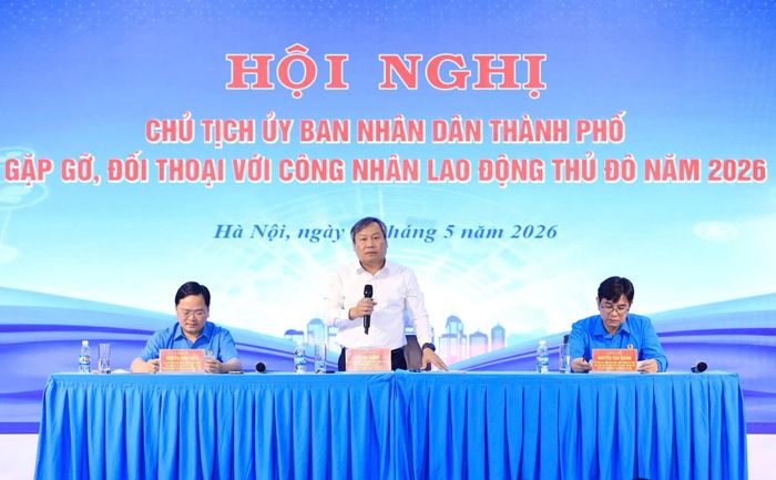 Chủ tịch UBND thành phố Hà Nội Vũ Đại Thắng phát biểu tại hội nghị đối thoại với công nhân lao động Thủ đô chiều 29-5. Ảnh: Đình Hiệp