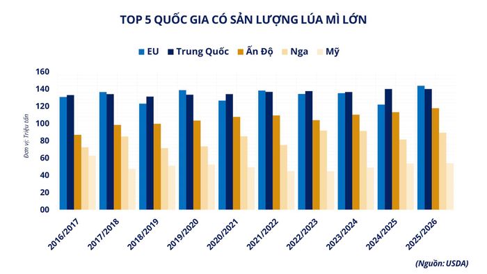 Top 5 quốc gia có sản lượng lúa mì lớn nhất. Nguồn: MXV