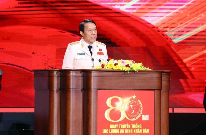 Đại tướng Lương Tam Quang, Ủy viên Bộ Chính trị, Bí thư Đảng ủy Công an Trung ương, Bộ trưởng Bộ Công an phát biểu. Ảnh: Phạm Kiên - TTXVN