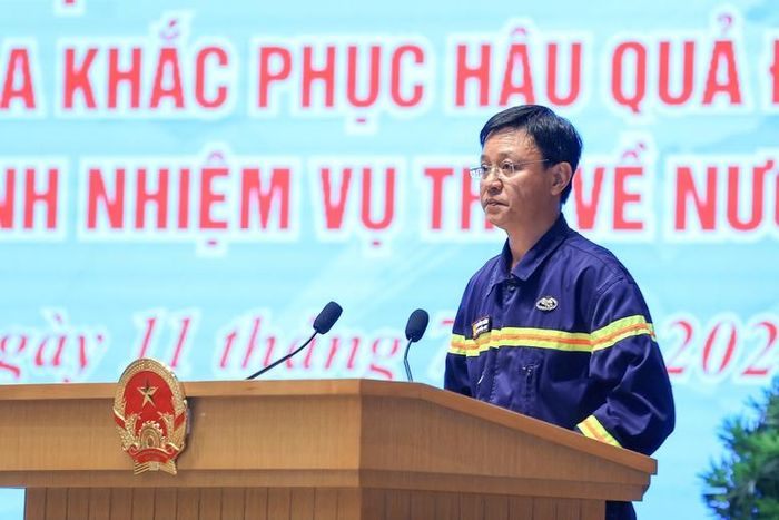 Đại tá Phạm Hùng Dương, Phó Cục trưởng Cục Cảnh sát phòng cháy, chữa cháy và cứu nạn, cứu hộ, Trưởng Đoàn công tác Bộ Công an phát biểu tại lễ tuyên dương - ẢNh: VGP/Nhật Bắc