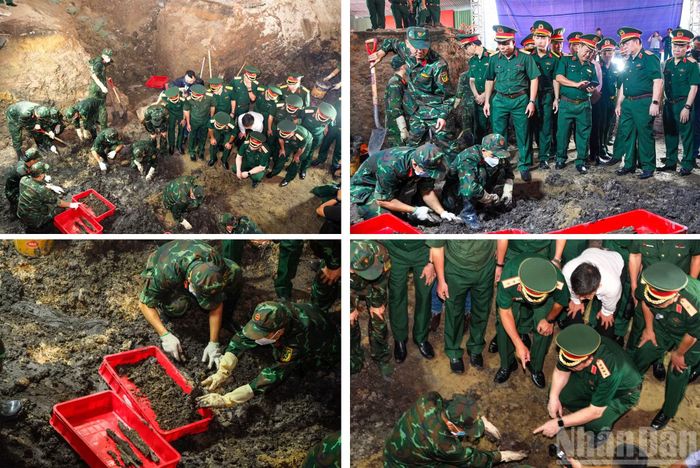 Đại tướng Nguyễn Trọng Nghĩa trao đổi với lực lượng làm nhiệm vụ tìm kiếm, quy tập hài cốt liệt sĩ.