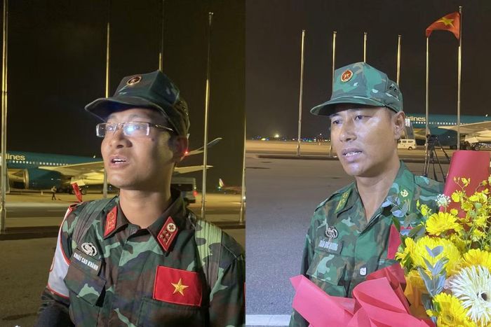 Thượng tá Trần Quốc Hương - Trưởng khoa Giám biệt nguồn hơi thuộc Trường Trung cấp 24 Biên phòng (bên phải) và Đại úy Khuất Cao Khánh thuộc Bệnh viện Quân y 105 chia sẻ về hành trình thực hiện nhiệm vụ tại Venezuela.