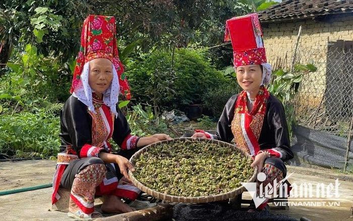 Chị Hiền (bên phải) giới thiệu, quảng bá sản phẩm thuốc truyền thống người Dao Thanh Phán của gia đình. Ảnh: Mỹ Dung