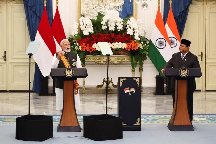 Thủ tướng Ấn Độ Narendra Modi phát biểu tại cuộc họp báo chung với Tổng thống Indonesia Prabowo Subianto sau cuộc hội đàm giữa hai nhà lãnh đạo tại Cung điện Merdeka ở Jakarta, Indonesia, ngày 7/7/2026. Ảnh: Willy Kurniawa/thestandard.com.hk