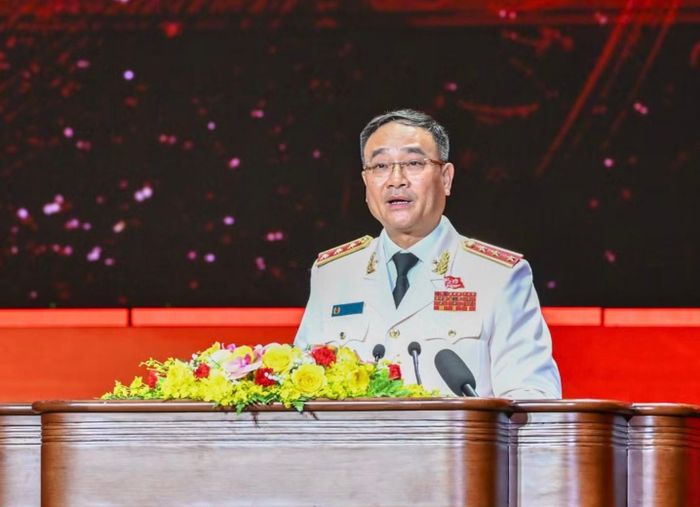 Thượng tướng Phạm Thế Tùng, Thứ trưởng Bộ Công an trình bày diễn văn tại lễ kỷ niệm.