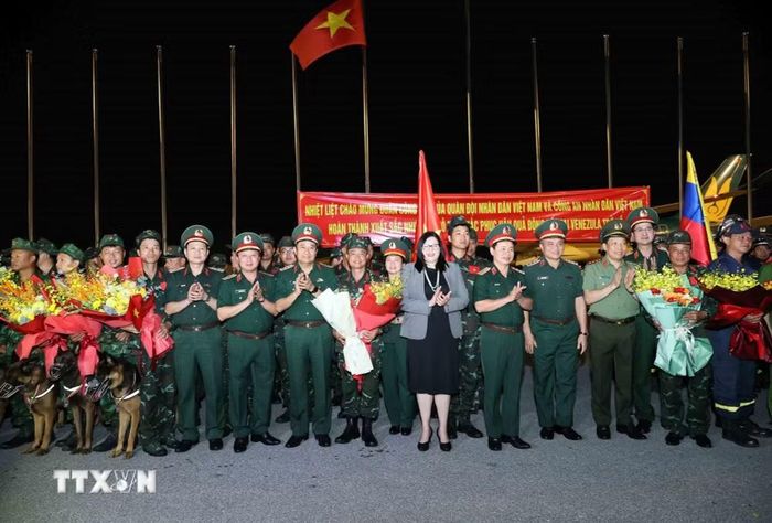 Lãnh đạo Bộ Quốc phòng và lãnh đạo Bộ Công an đón Đoàn cứu nạn, cứu hộ Việt Nam. (Ảnh: An Đăng/TTXVN)