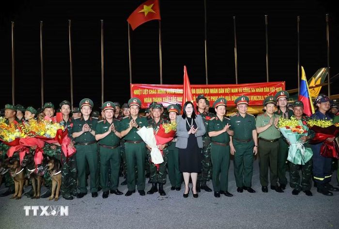 Lãnh đạo Bộ Quốc phòng và lãnh đạo Bộ Công an đón Đoàn cứu nạn, cứu hộ Việt Nam. (Ảnh: An Đăng/TTXVN)