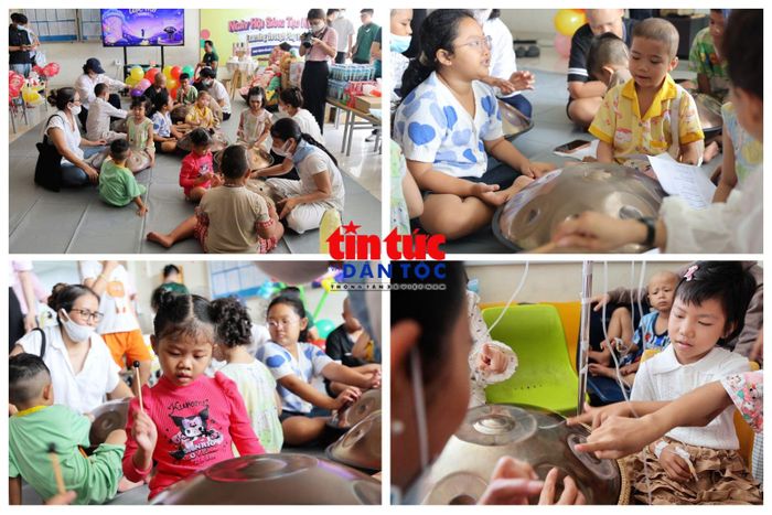 Các em được trực tiếp trải nghiệm chơi nhạc cụ handpan, một hoạt động góp phần mang đến những phút giây thư giãn trong quá trình điều trị.
