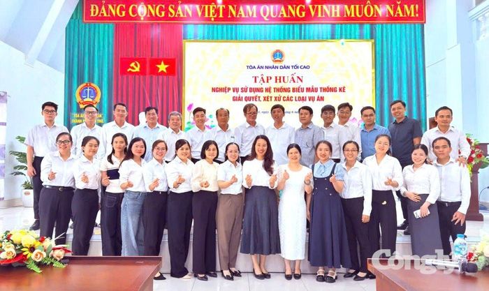 Thư ký Nguyễn Ân Tình (người thứ 2 từ phải nhìn vào, hàng trên) tham gia lớp tập huấn nghiệp vụ sử dụng hệ thống biểu mẫu thống kê giải quyết, xét xử các loại vụ án.