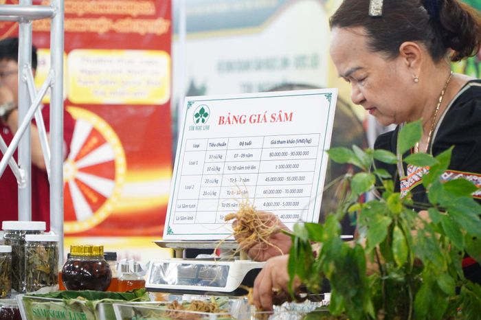 Ban tổ chức niêm yết giá sâm Ngọc Linh cụ thể tại từng gian hàng. Ảnh: VINH ANH