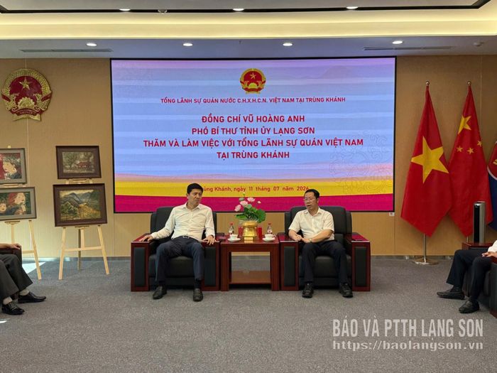 Đồng chí Vũ Hoàng Anh, Phó Bí Tỉnh ủy trao đổi với Tổng Lãnh sự Việt Nam tại Trùng Khánh Bùi Nguyên Long