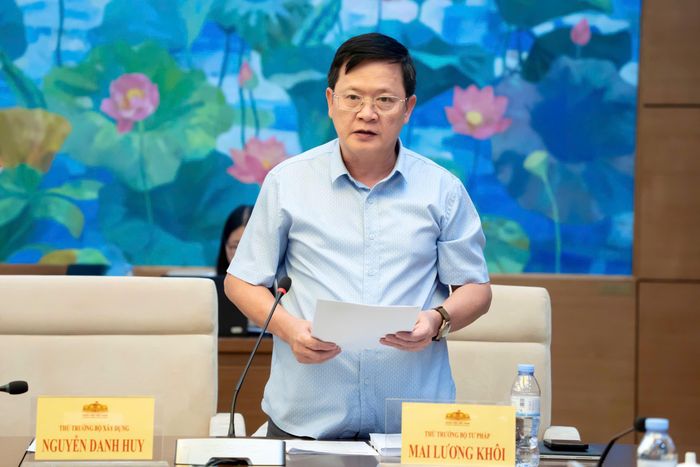 Thứ trưởng Bộ Tư pháp Mai Lương Khôi trình bày Tờ trình dự án Luật Đấu giá tài sản (sửa đổi). Ảnh: VPQH