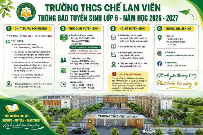 Hướng dẫn chi tiết các thủ tục để phụ huynh nộp hồ sơ tuyển sinh cho con vào lớp 6 năm học 2026-2027 của Trường THCS Chế Lan Viên, phường Đông Ngạc, Hà Nội.
