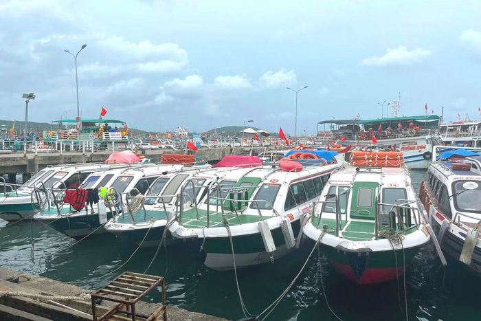 Hàng loạt ca nô du lịch neo đậu tại Cảng quốc tế An Thới khi nhiều công ty thông báo tạm dừng khai thác tour ra đảo.