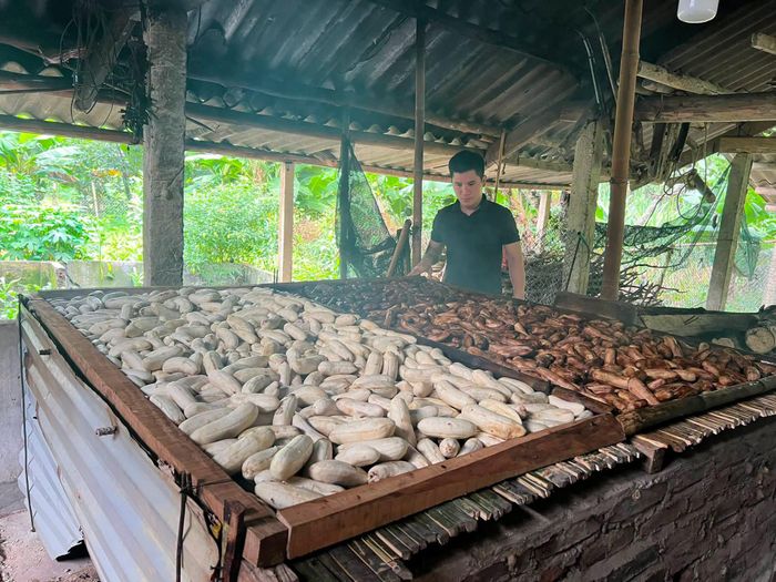 Chuối lột vỏ đem sấy gác bếp