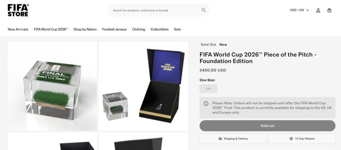 Cửa hàng chính thức của FIFA đã mở bán các mảnh cỏ từ sân tổ chức trận chung kết World Cup 2026, với giá thấp nhất là 450 USD. Ảnh chụp màn hình: FIFA Store