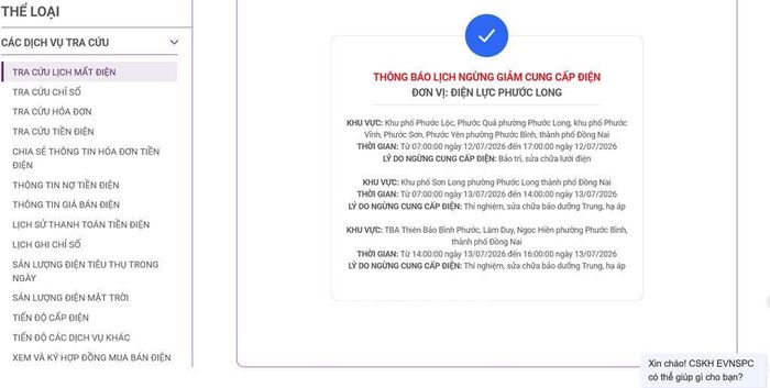 Lịch ngừng cấp điện tại Đồng Nai ngày mai 13/7 được cập nhật 07h00 ngày 12/7 tại website của EVNSPC. Ảnh: BNEWS phát